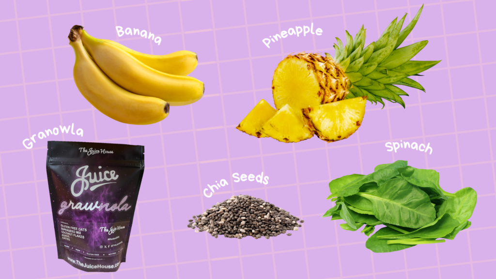 Pre-workout foods like Granowla, banana, pineapple, chia seeds, spinach