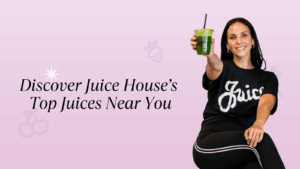 A smiling person in a black Juice House t-shirt and athletic wear holds up a plastic cup of green juice. The light purple background contains text that reads: "Discover Juice House's Top Juices Near You."